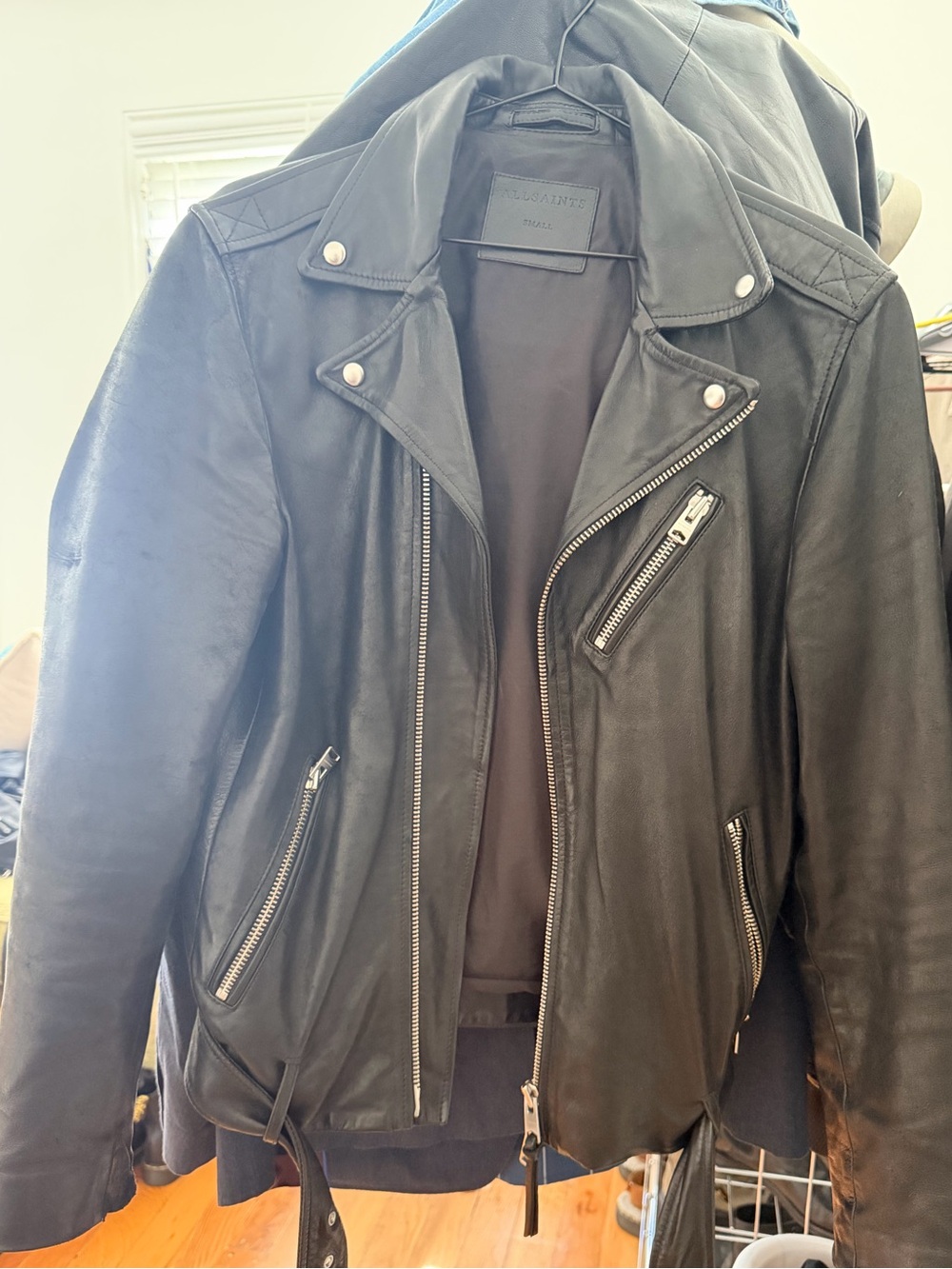 AllSaints Black Leather Jacket with Contrast Lining
